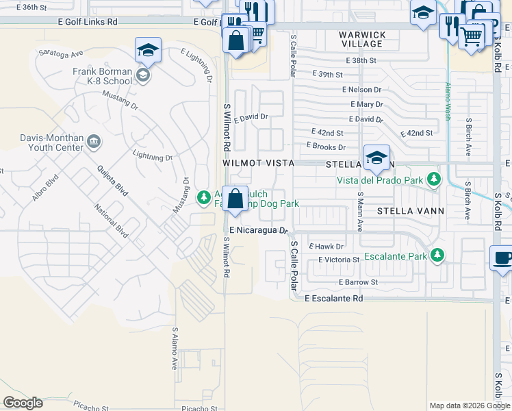 map of restaurants, bars, coffee shops, grocery stores, and more near 3384 South Crown Dancer Drive in Tucson