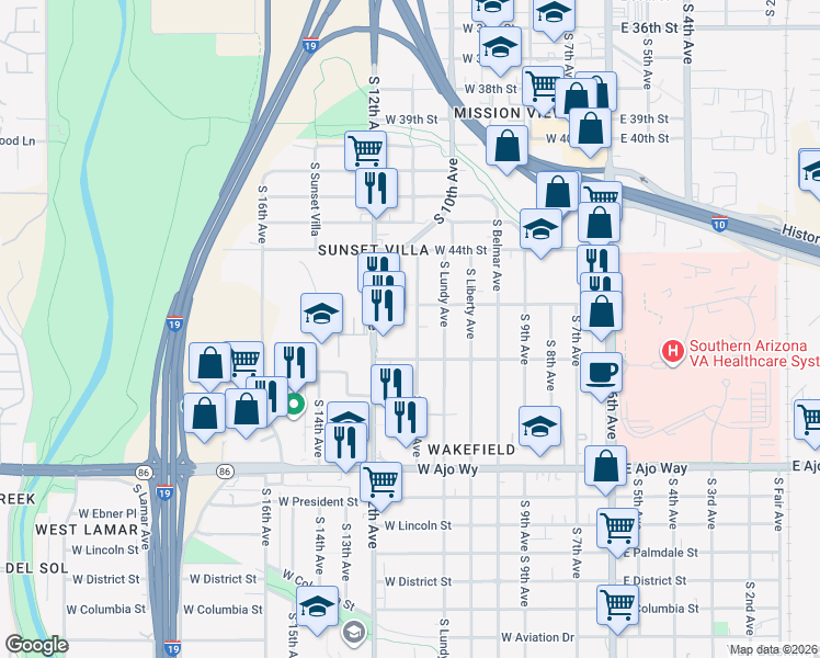 map of restaurants, bars, coffee shops, grocery stores, and more near 3532 South Clark Avenue in Tucson