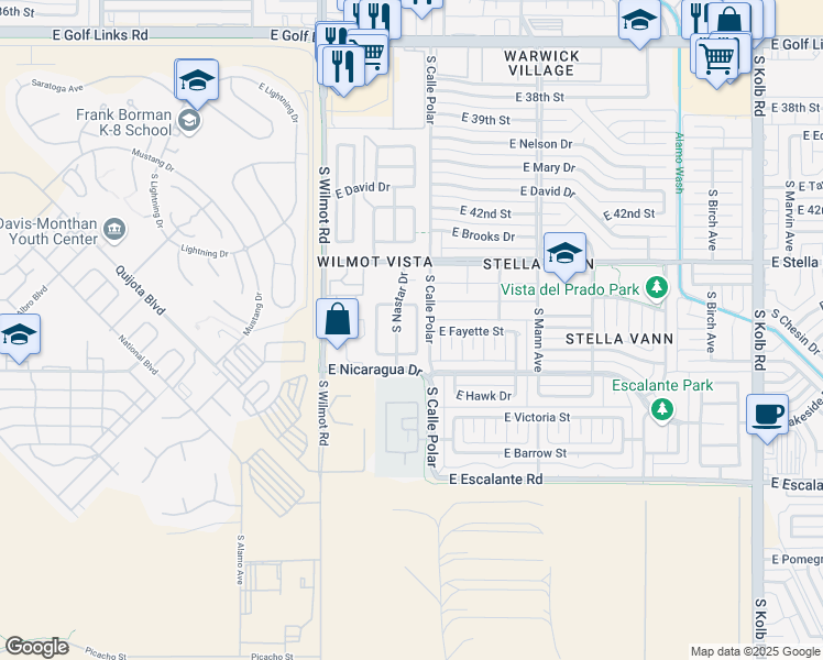 map of restaurants, bars, coffee shops, grocery stores, and more near 3382 South Whistler Drive in Tucson