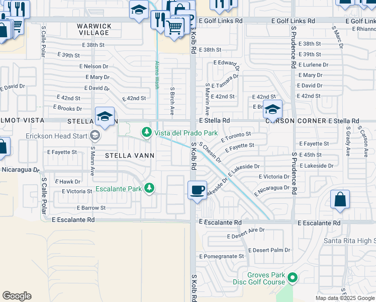 map of restaurants, bars, coffee shops, grocery stores, and more near 3342 South Kolb Road in Tucson
