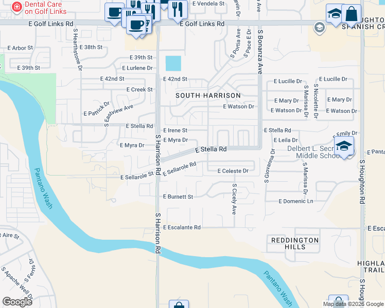 map of restaurants, bars, coffee shops, grocery stores, and more near 9622 East Stella Road in Tucson