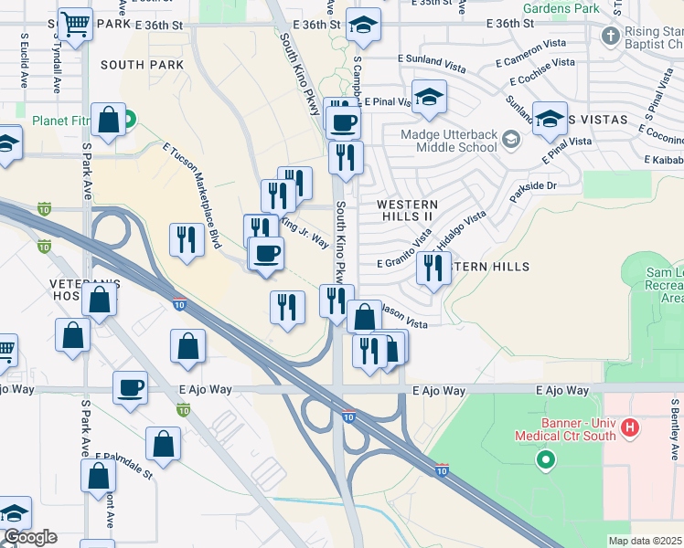 map of restaurants, bars, coffee shops, grocery stores, and more near 3520 South Kino Parkway in Tucson