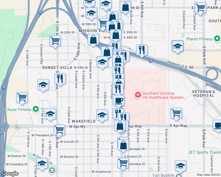 map of restaurants, bars, coffee shops, grocery stores, and more near 3532 South 7th Avenue in Tucson