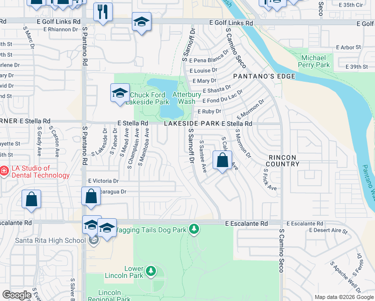 map of restaurants, bars, coffee shops, grocery stores, and more near 3370 South Lakeside View Drive in Tucson