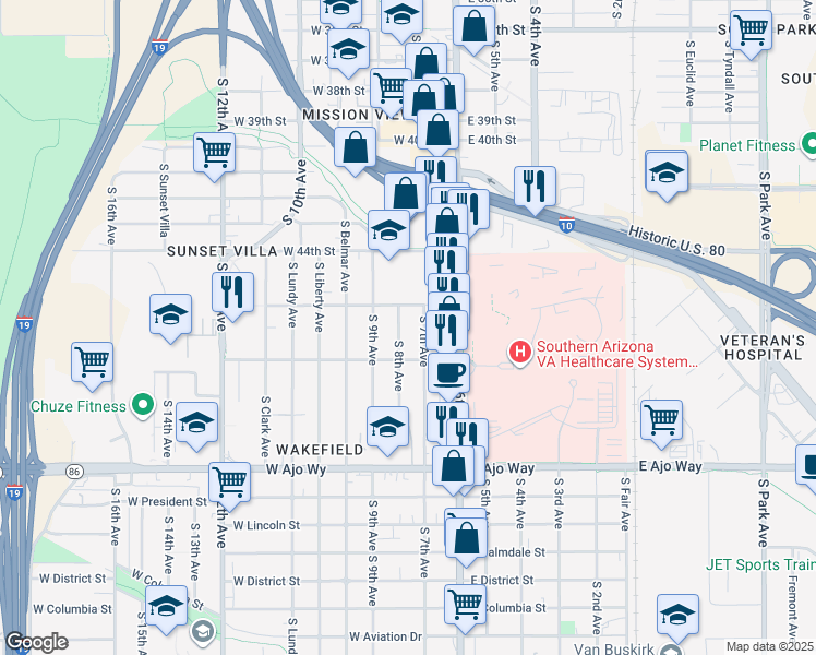 map of restaurants, bars, coffee shops, grocery stores, and more near 3532 South 7th Avenue in Tucson