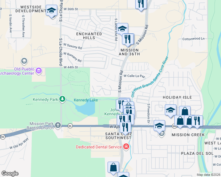 map of restaurants, bars, coffee shops, grocery stores, and more near 3508 South Mission Road in Tucson