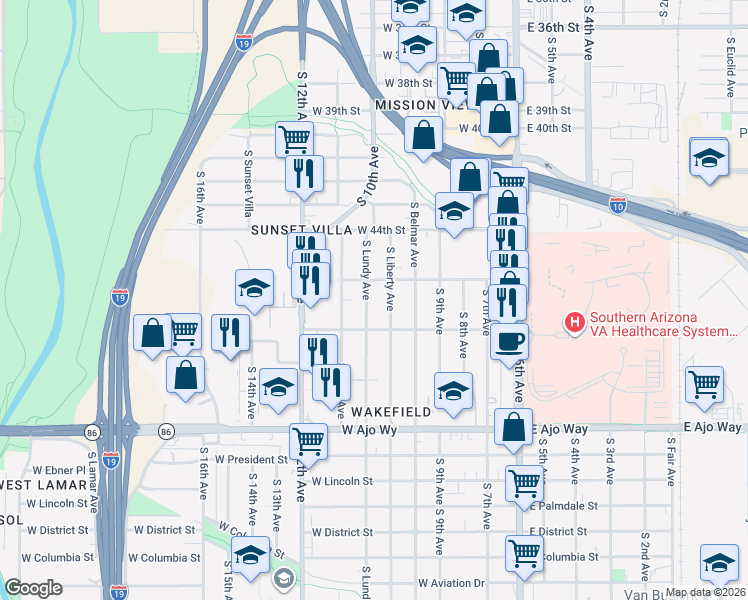 map of restaurants, bars, coffee shops, grocery stores, and more near 3525 South Lundy Avenue in Tucson