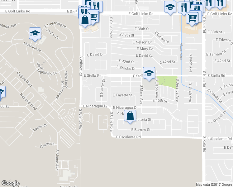 map of restaurants, bars, coffee shops, grocery stores, and more near 6531 East Fayette Street in Tucson