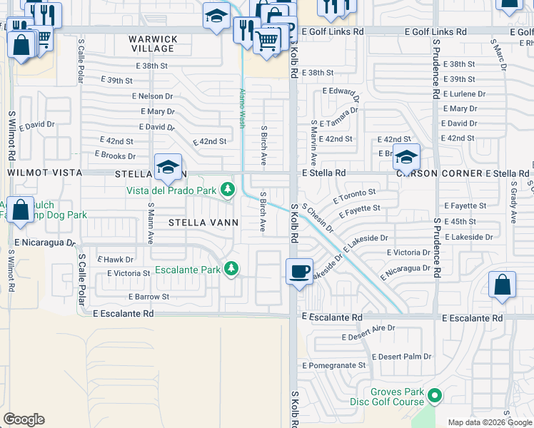 map of restaurants, bars, coffee shops, grocery stores, and more near 3331 South Birch Avenue in Tucson