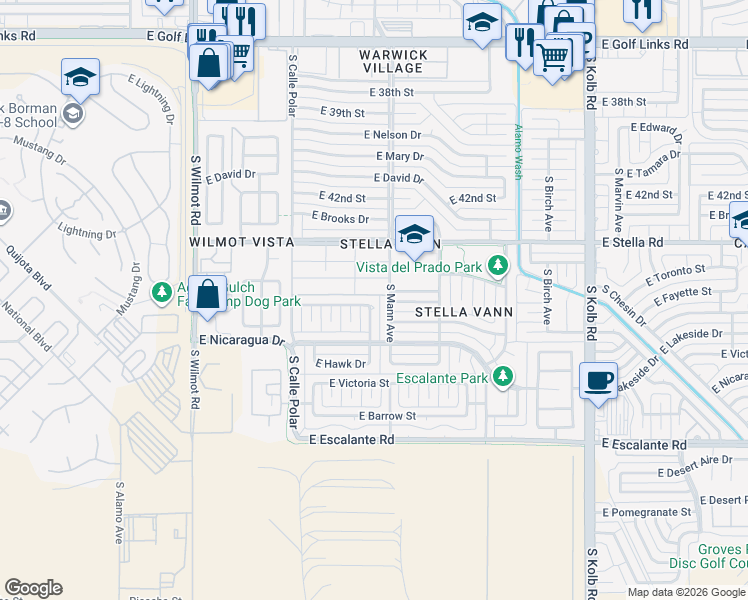 map of restaurants, bars, coffee shops, grocery stores, and more near 3401 South Fair Banks Avenue in Tucson