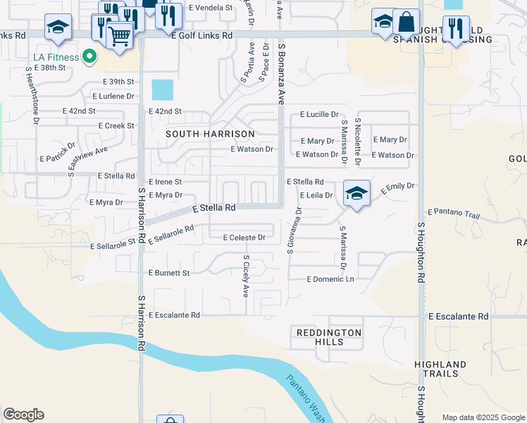 map of restaurants, bars, coffee shops, grocery stores, and more near 9832 East Stella Road in Tucson