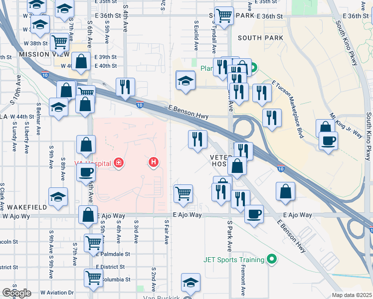 map of restaurants, bars, coffee shops, grocery stores, and more near 736 East 44th Street in Tucson