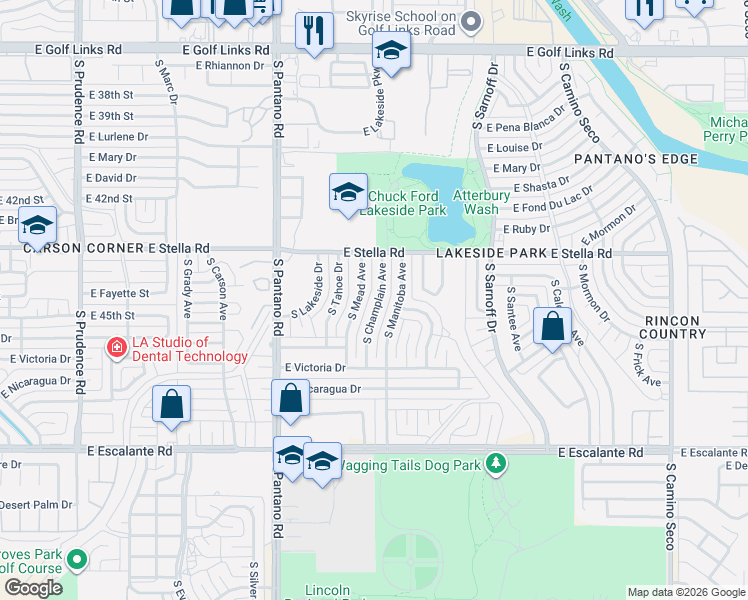 map of restaurants, bars, coffee shops, grocery stores, and more near 3332 South Champlain Avenue in Tucson