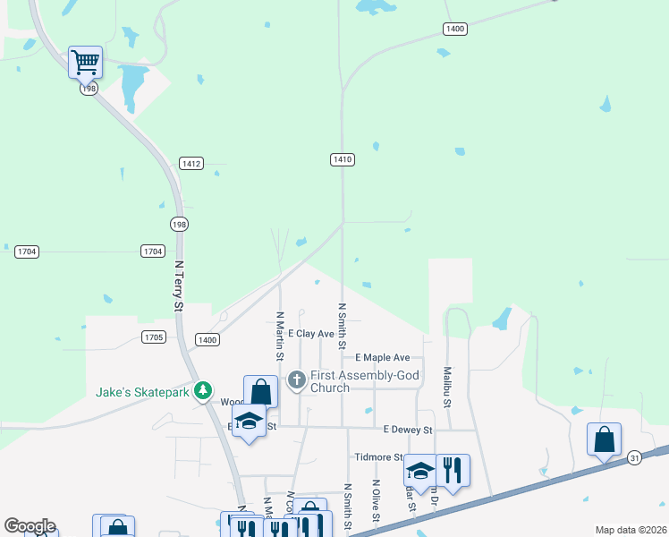 map of restaurants, bars, coffee shops, grocery stores, and more near 823 North Smith Street in Malakoff