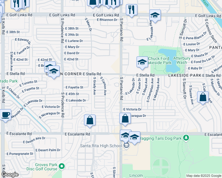 map of restaurants, bars, coffee shops, grocery stores, and more near 3371 South Carson Avenue in Tucson
