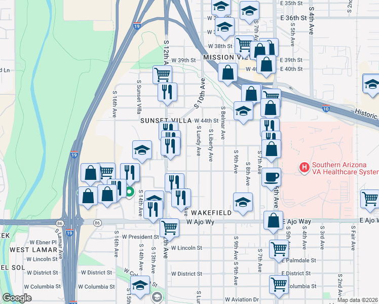 map of restaurants, bars, coffee shops, grocery stores, and more near 3532 South Clark Avenue in Tucson