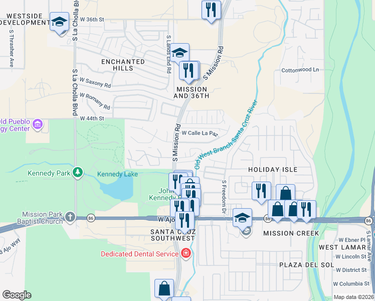 map of restaurants, bars, coffee shops, grocery stores, and more near 1725 West Calle Acapulco in Tucson