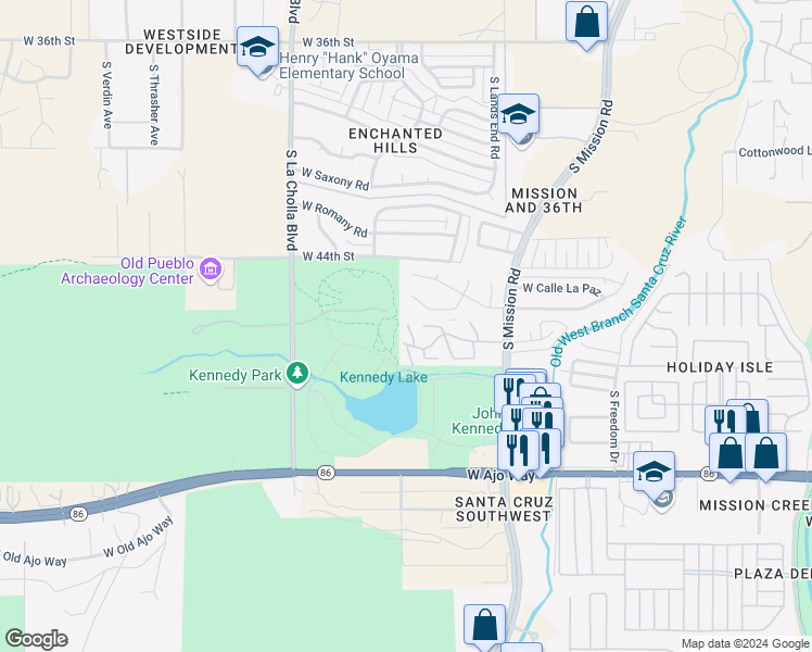 map of restaurants, bars, coffee shops, grocery stores, and more near 3524 South Mission Road in Tucson