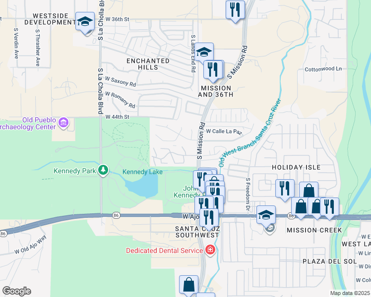 map of restaurants, bars, coffee shops, grocery stores, and more near 3508 South Mission Road in Tucson