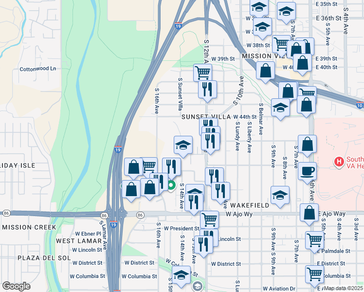 map of restaurants, bars, coffee shops, grocery stores, and more near 3500 South 12th Avenue in Tucson