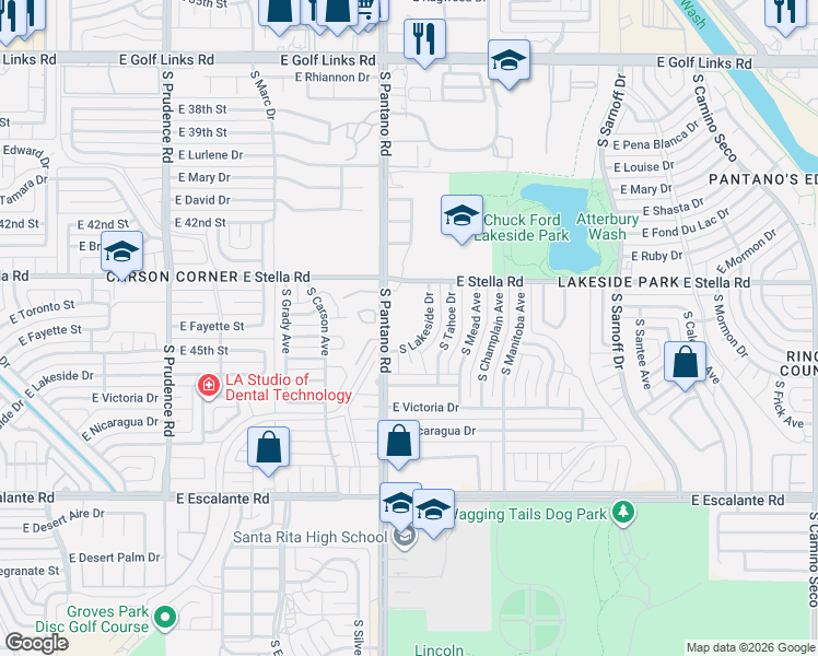 map of restaurants, bars, coffee shops, grocery stores, and more near 3401 South Lakeside Place in Tucson