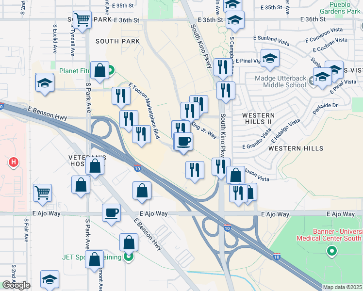 map of restaurants, bars, coffee shops, grocery stores, and more near 1580 East Tucson Marketplace Boulevard in Tucson
