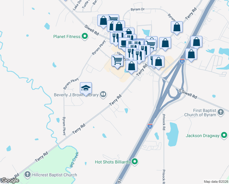 map of restaurants, bars, coffee shops, grocery stores, and more near 5909 Terry Road in Byram