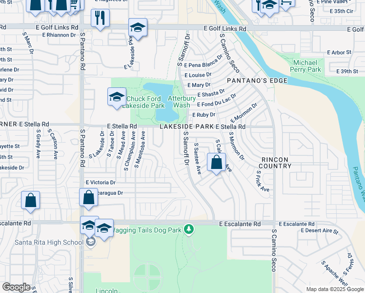 map of restaurants, bars, coffee shops, grocery stores, and more near 3370 South Lakeside View Drive in Tucson