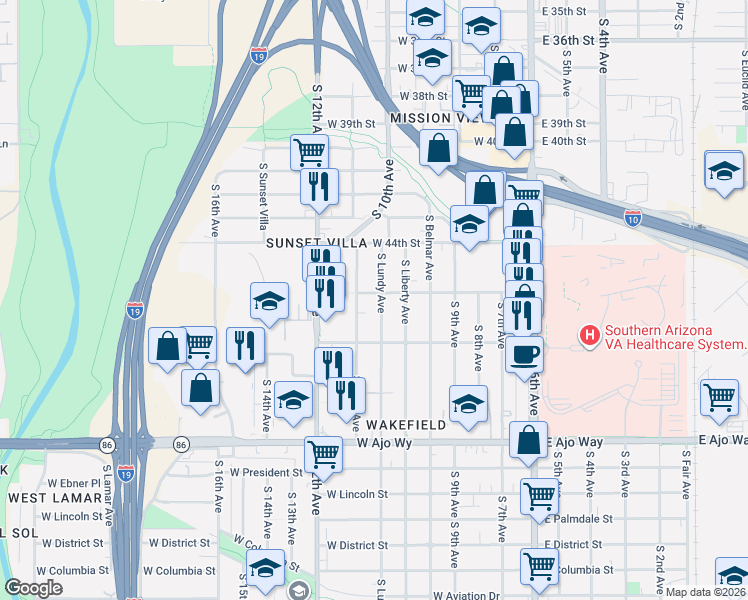 map of restaurants, bars, coffee shops, grocery stores, and more near 3525 South Lundy Avenue in Tucson