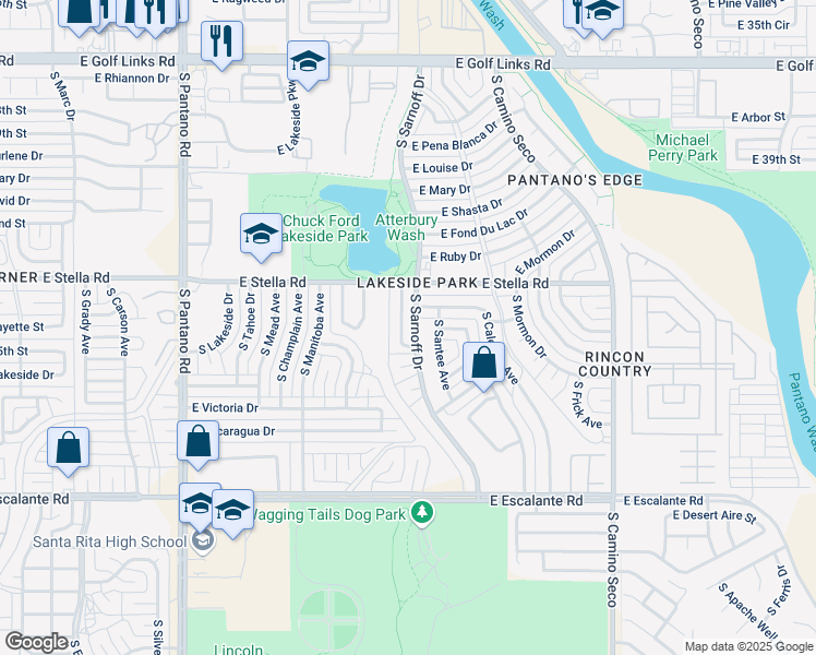 map of restaurants, bars, coffee shops, grocery stores, and more near 3370 South Lakeside View Drive in Tucson