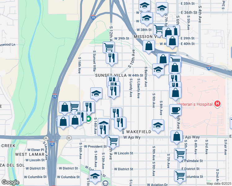 map of restaurants, bars, coffee shops, grocery stores, and more near 3541 South 12th Avenue in Tucson