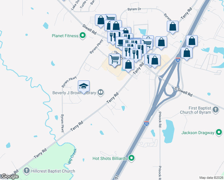 map of restaurants, bars, coffee shops, grocery stores, and more near 5909 Terry Road in Byram
