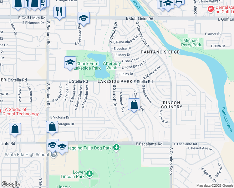 map of restaurants, bars, coffee shops, grocery stores, and more near 3307 South Sarnoff Drive in Tucson