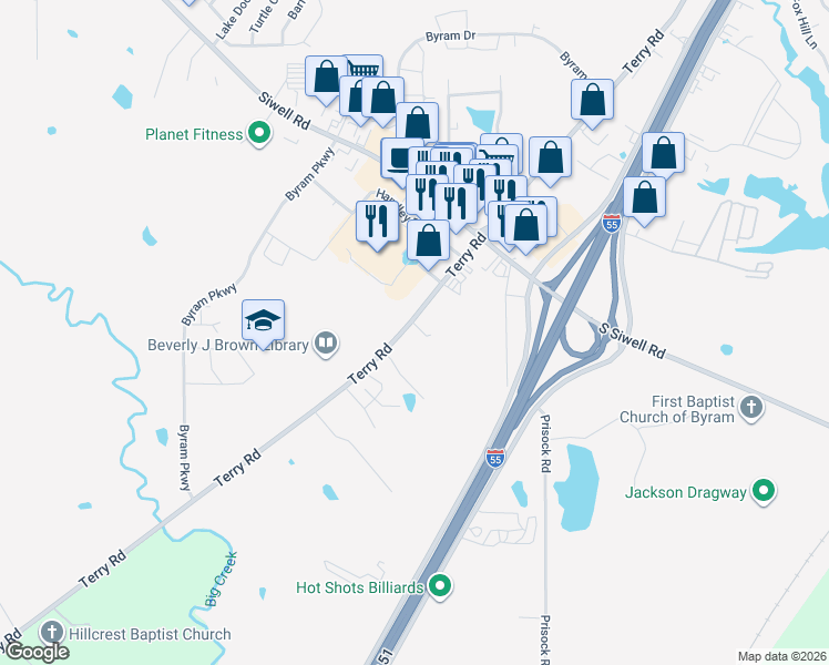 map of restaurants, bars, coffee shops, grocery stores, and more near 5830 Terry Road in Byram