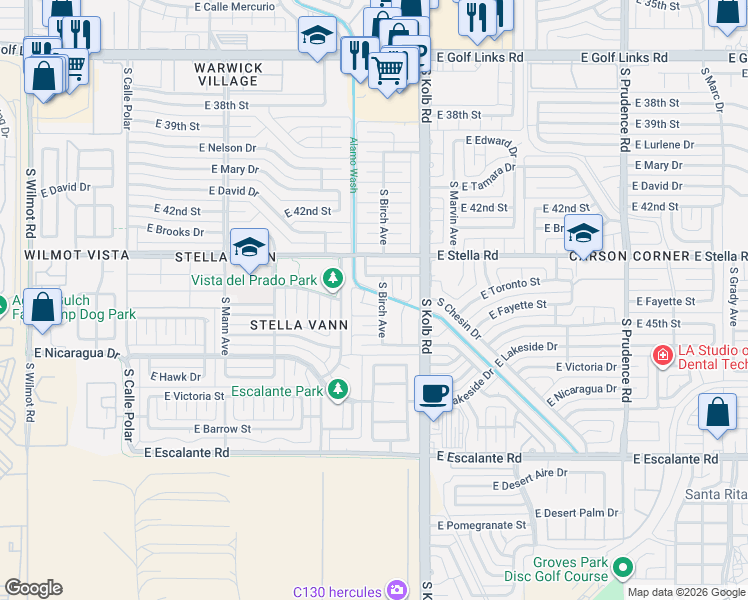 map of restaurants, bars, coffee shops, grocery stores, and more near 6989 East Casey Place in Tucson