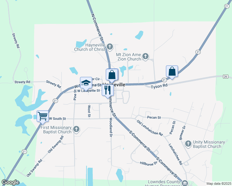 map of restaurants, bars, coffee shops, grocery stores, and more near South Washington Street in Hayneville