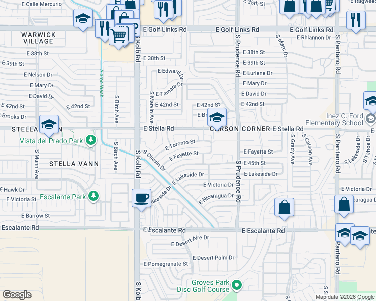 map of restaurants, bars, coffee shops, grocery stores, and more near 7301 East Fayette Street in Tucson