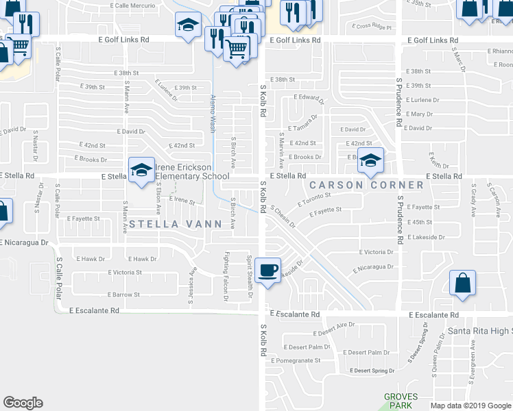 map of restaurants, bars, coffee shops, grocery stores, and more near 3342 South Kolb Road in Tucson