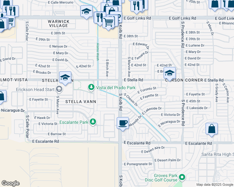map of restaurants, bars, coffee shops, grocery stores, and more near 3342 South Kolb Road in Tucson