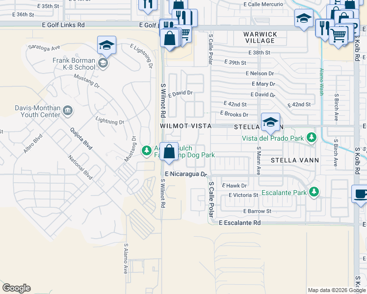 map of restaurants, bars, coffee shops, grocery stores, and more near 3384 South Crown Dancer Drive in Tucson