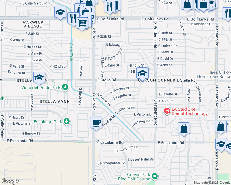 map of restaurants, bars, coffee shops, grocery stores, and more near 7230 East Fayette Street in Tucson