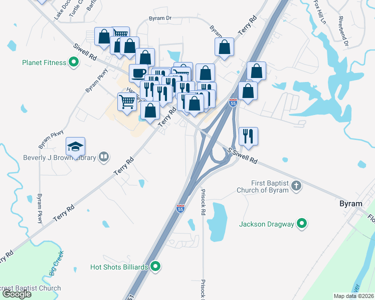 map of restaurants, bars, coffee shops, grocery stores, and more near P Holmes Avenue in Byram