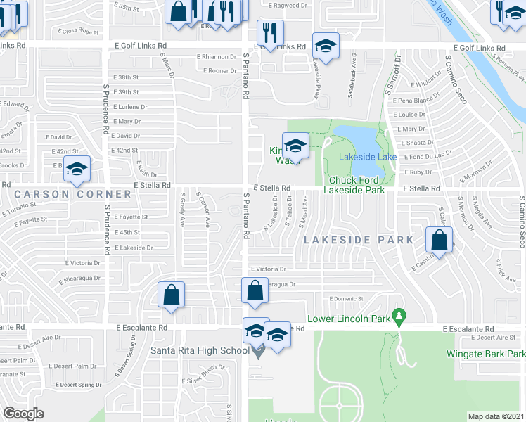 map of restaurants, bars, coffee shops, grocery stores, and more near 7950 East Stella Road in Tucson
