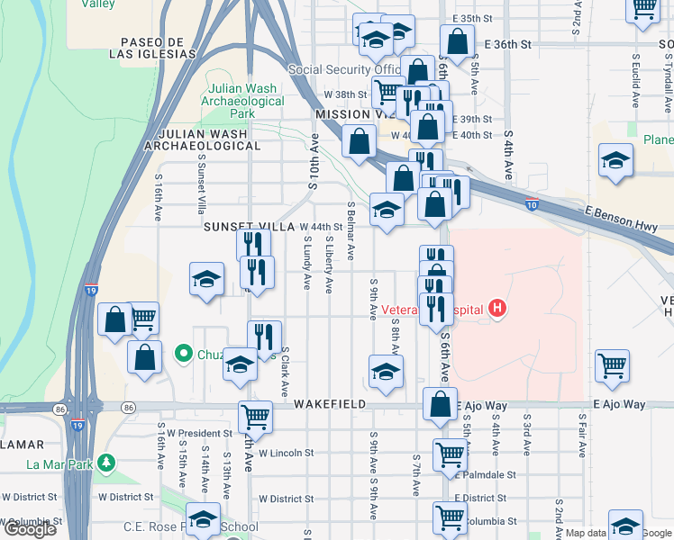 map of restaurants, bars, coffee shops, grocery stores, and more near 3444 South Belmar Avenue in Tucson