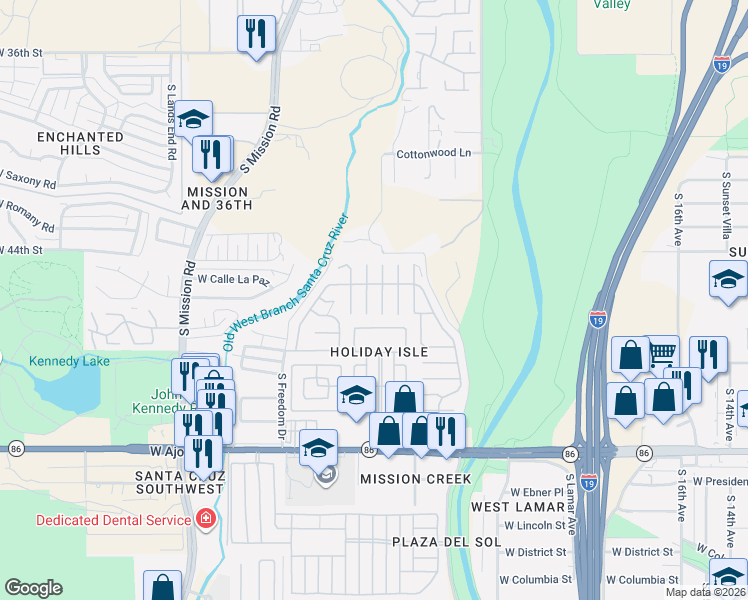 map of restaurants, bars, coffee shops, grocery stores, and more near Los Santos in Tucson