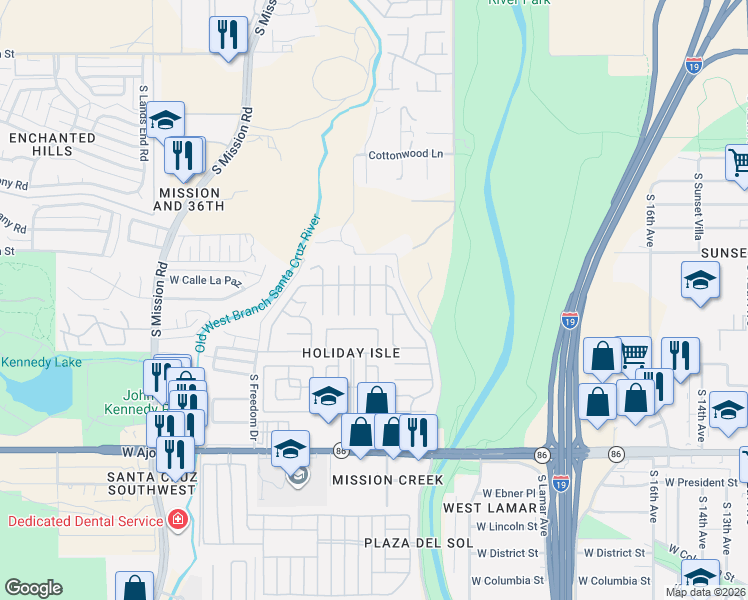 map of restaurants, bars, coffee shops, grocery stores, and more near La Soledad in Tucson