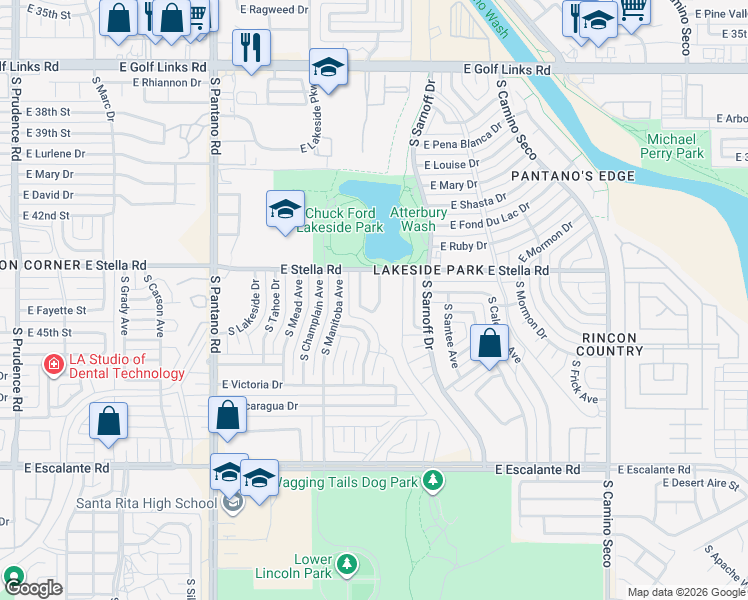 map of restaurants, bars, coffee shops, grocery stores, and more near 3323 South Lakeside Ridge Loop in Tucson