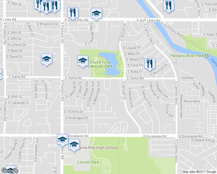 map of restaurants, bars, coffee shops, grocery stores, and more near 3323 South Lakeside Ridge Loop in Tucson
