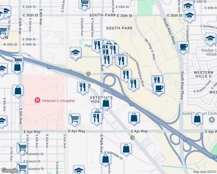 map of restaurants, bars, coffee shops, grocery stores, and more near Interstate 10 in Tucson
