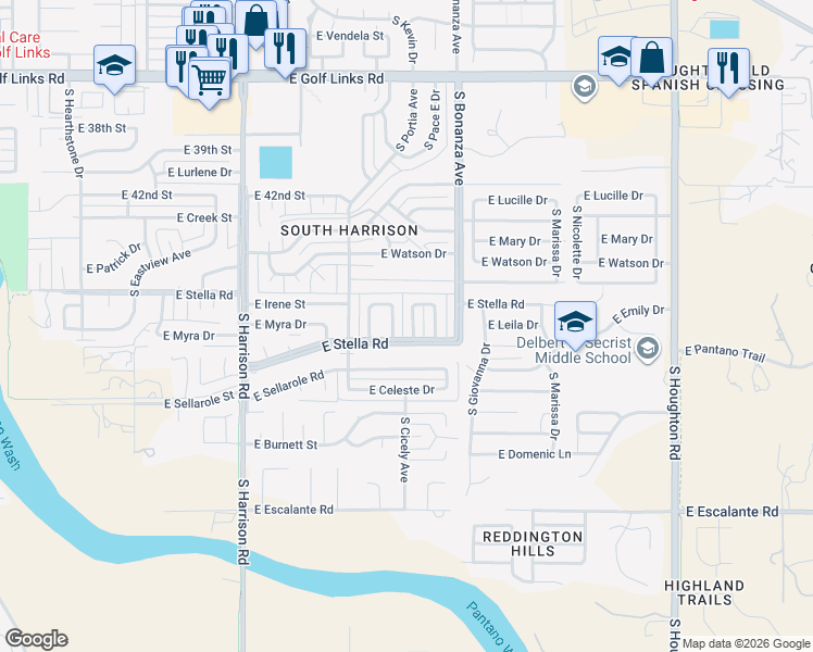 map of restaurants, bars, coffee shops, grocery stores, and more near 3226 South Serena Circle in Tucson